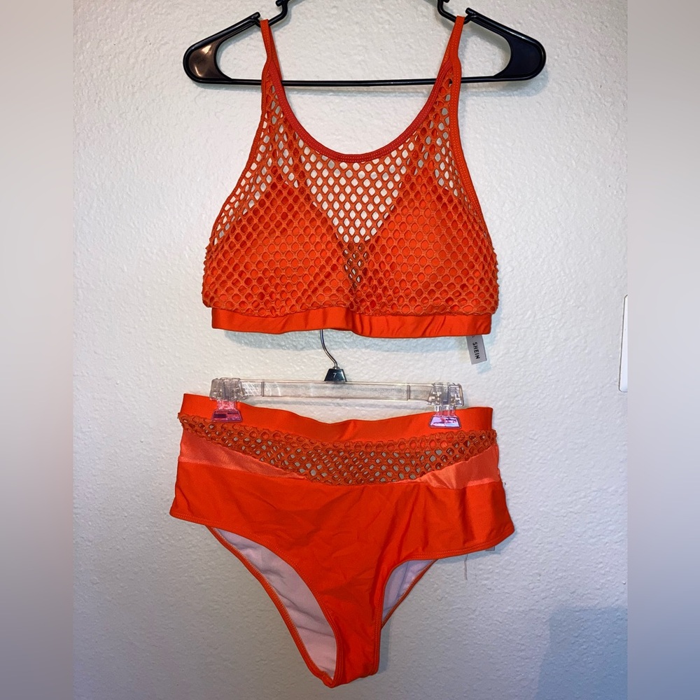Orange Mesh Cutout Bikini Set